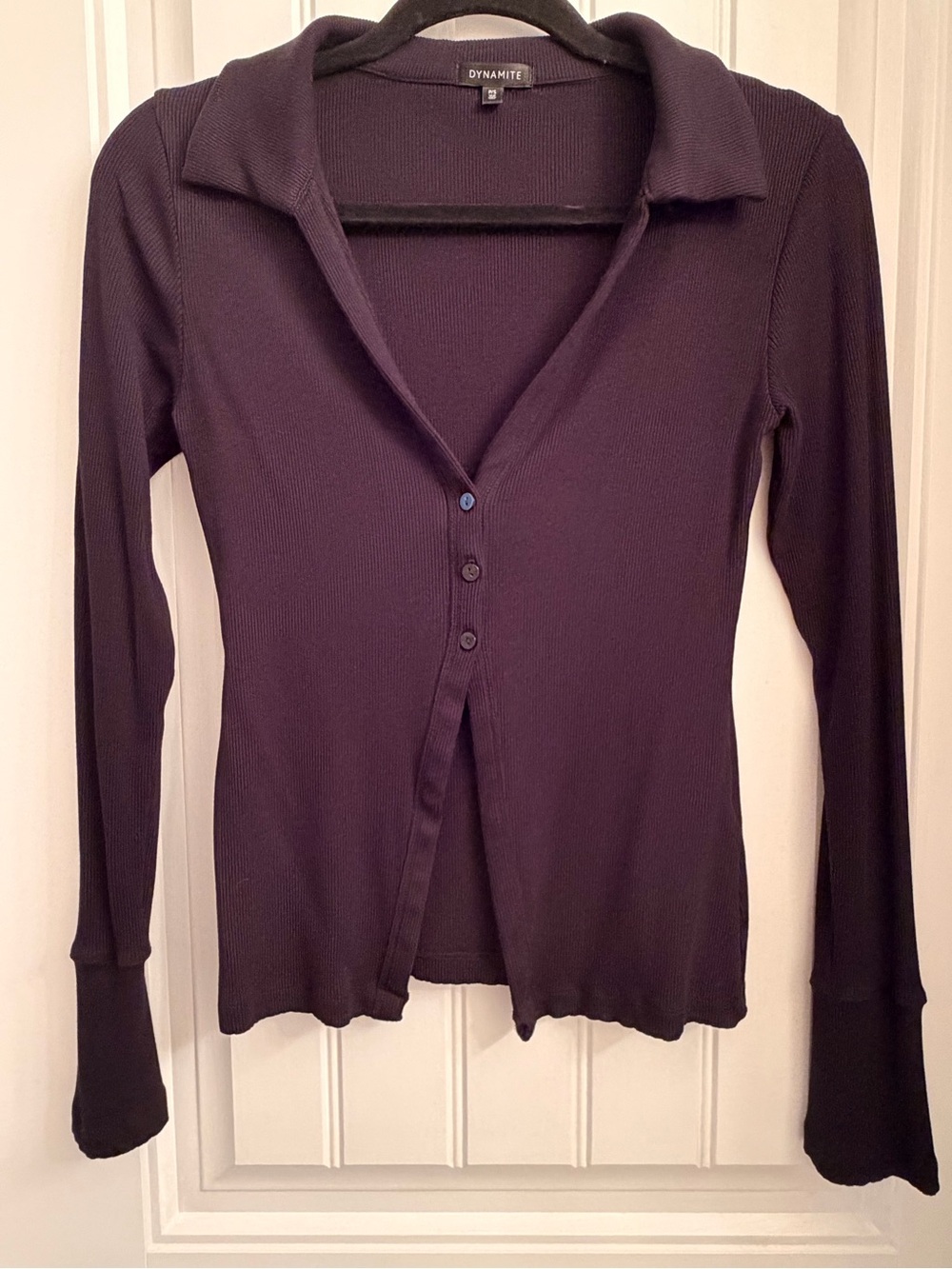 Dynamite Black Ribbed Button-Front Long Sleeve Collared Top